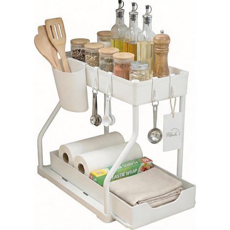 Organisateur de Rangement Sous Évier 2 Étagères, avec Tiroirs Amovibles et Panier Coulissant, Blanc Pour Cuisine et Salle de Bains (1/5)