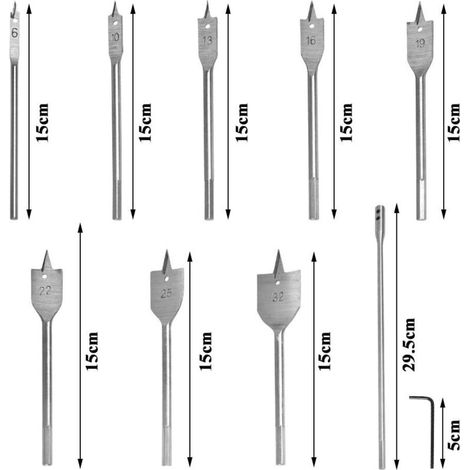 Set di 8 punte piatte per legno in acciaio al carbonio, set di punte piatte per legno con prolunga e chiave. (1/4)