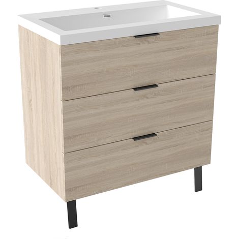 OCEAN Meuble Salle de Bain Chêne Mat 79CM - 3 Grands Tiroirs et Vasque, MDF (1/5)