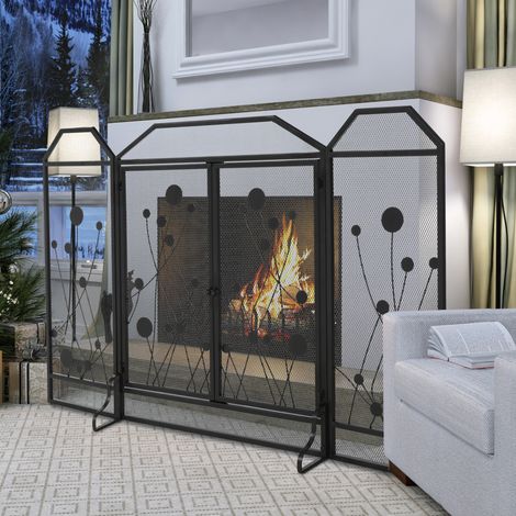 Pantalla plegable para chimenea de acero negro y metal con 2 puertas de cierre magnético, 125x80cm (1/5)
