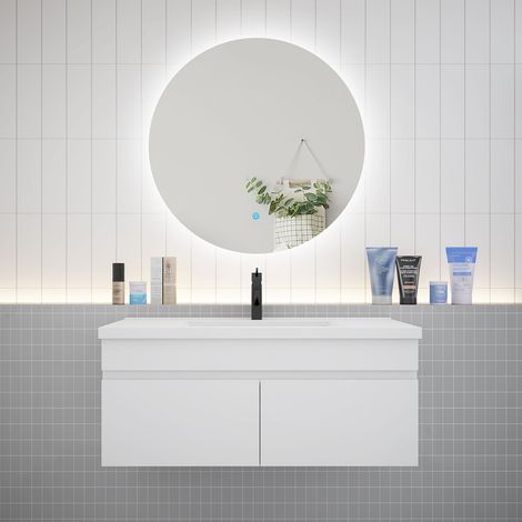 Aica Ensemble meuble Salle de Bain L.100cm Blanc + vasque + Miroir 100cm Tricolore + Dimmable Rond