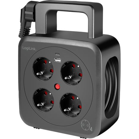Enrouleur de câble LOGILINK LPS504, 4 prises, 1x USB-A, 1x USB-C, 3000 W, 5 m