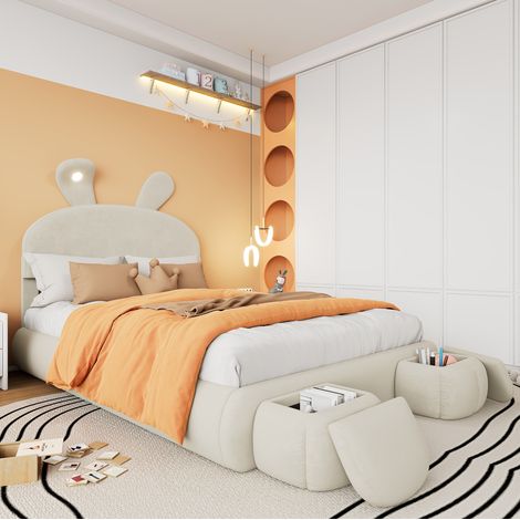 Cama tapizada 140/200 cm beige de terciopelo con almacenaje hidráulico y 2 taburetes (1/5)