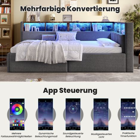 Canapé-lit jour 90x200 cm gris lin, rangement hydraulique compartiments, bande LED multicolore, ports USB-C, sans matelas (1/4)