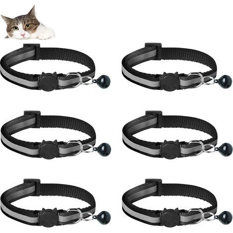 6er-Pack verstellbare, reflektierende Anti-Würgehalsbänder für Katzen mit Adressanhänger, Glöckchen und Sicherheitsverschluss, Schwarz (1/5)