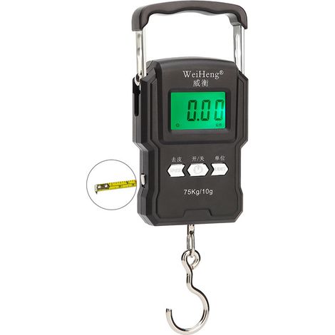 Elektronische Waage mit Hintergrundbeleuchtung und Maßband, kleine, hochpräzise, tragbare Federwaage mit Aufhängehaken bis 75 kg, ideal zum Einkaufen und Angeln. (1/5)