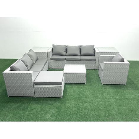 Fimous Meubles d'extérieur en rotin avec Fauteuil Table basse carrée Grand tabouret 2 Tables d'appoint Gris clair mixte (1/5)
