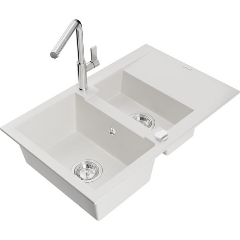 Mexen Gaspar évier en granit 1,5 bac avec égouttoir et mitigeur de cuisine Flora, blanc - 6507-20-670401-00 (1/5)