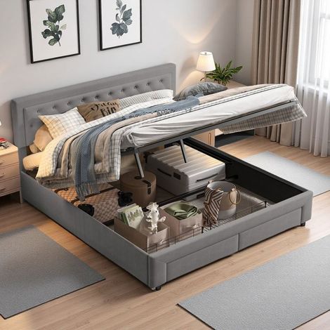 Doppelbett 160x200 - Hydraulischer Schrank - Hellgrauer Samt - Stauraum-Schublade - 2 Personen