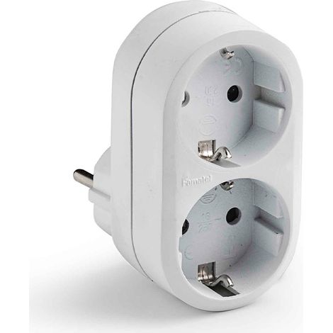 Adaptateur Double Schuko 2p+t 16a 250 V Avec Entrée Frontale, Blanc, Blister