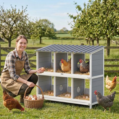 Nid ponte poules nid surélevé en bois 6 compartiments 2 perchoirs poulaillers petits animaux - Dimensions: 102x50x91 cm - Couleur: Gris (1/4)