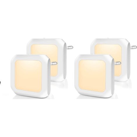 Veilleuse avec capteur crépusculaire, 4 pièces Luminosité Réglable à l'infini Très bon pour chambre d'enfant, escalier, chambre à coucher, cuisine, lampe d'orientation, blanc chaud (1/5)