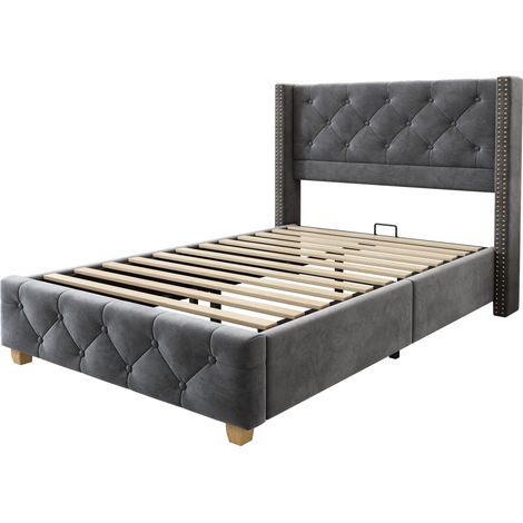 Lit rembourré 90200 cm avec sommier à lattes et tête de lit, capitonnage à boutons, clous décoratifs, pieds en bois, velours, gris (1/5)