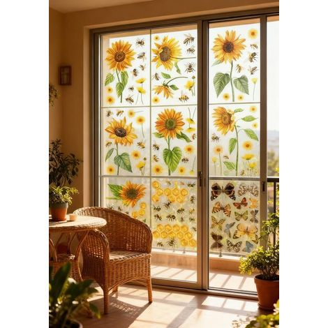 Décoration statique pour fenêtre Tournesol et Abeille - 1 feuille de 9 pièces, imperméable, pour vitres, réfrigérateur, placards, murs et bureau - Décoration printanière (1/5)