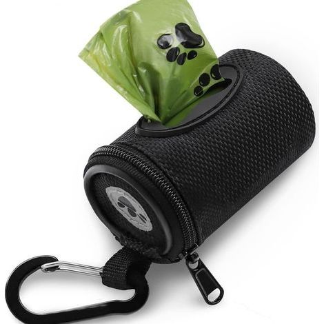 Hundekotbeutelspender, weiche Welpentragetasche aus Stoff, kleine Tasche mit Reißverschluss und Karabinerhaken, 1 Rolle Hundekotbeutel, schwarz (1/4)