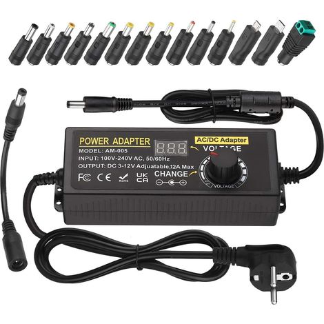 Alimentation Universelle 144W, Convertisseur 100 V-240 V AC/DC Adaptateur Universel 3 V-12 V 12 A Adaptateur Secteur Réglable avec 14 Embouts et Convertisseur de Polarité (1/5)