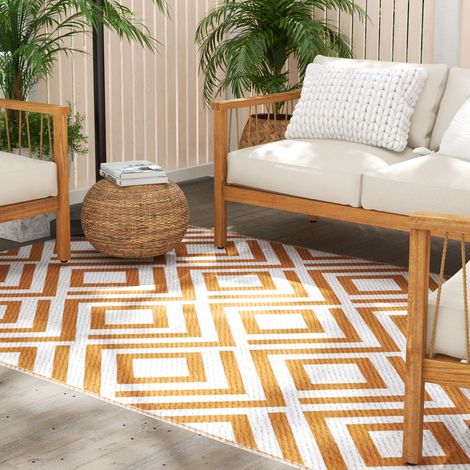 Tapis extérieur réversible balcon/terrasse motif géométrique brun/blanc 182x274 cm