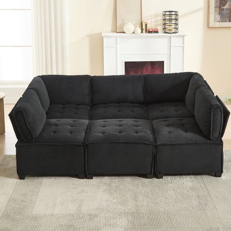 Sofá modular convertible de 6 plazas en terciopelo acanalado negro, con bolsillos laterales y respaldo ergonómico, configuración en U o L para salón – CHICFURN (1/5)
