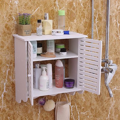 Armadietti pensili per il bagno, a 2 livelli, da parete, Armadietto da bagno per il bagno, da parete, con ante e 3 ganci, colore: bianco (1/5)