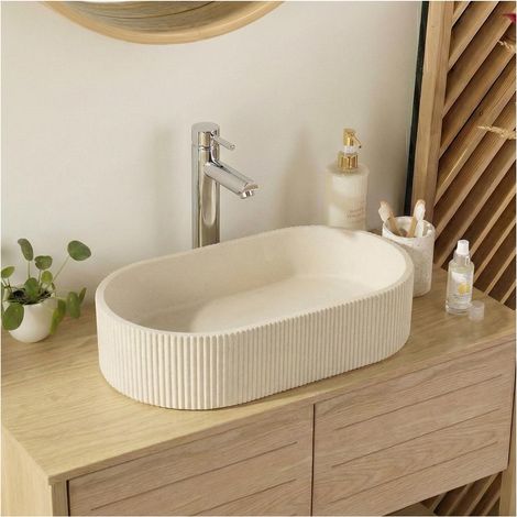 Lavabo sobre encimera ovalado de hormigón estriado beige 37x50cm BALTE (1/4)