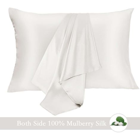 Taie d'oreiller 100% soie de mûrier pour cheveux et peau, lot de 2 taies en soie naturelle double face, 16 momme qualité premium 6A, housse douce respirante et lisse - King, blanc (1/5)