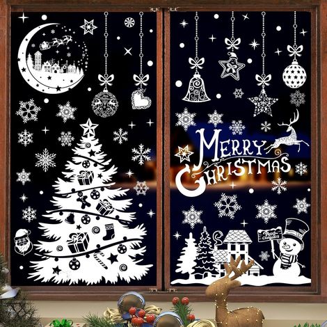 Stickers Autocollant Noel Fenetre 9Pcs Blanc Stickers Noel Vitre Réutilisable, Noël Autocollant pour Fenetre Sapin Flocons de Neige, Decoration