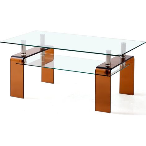 Table basse verre trempé clair table de salon pied en verre marron (1/2)