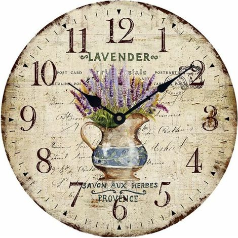 Wooden Wall Clock 12 Vintage French Country Printed Potted Lavender Romantic Shabby Chic Large Decorative Roman Numerals Analogue Battery Operated Silent for Home Decor (1/5)