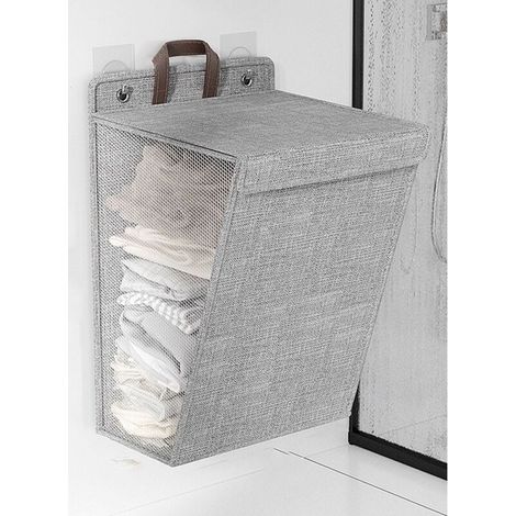 Panier À Linge - 60 L - Pliable Avec Couvercle Étanche Et Suspension Murale - Maille Respirante - Poignée Portable - Gris (1/5)
