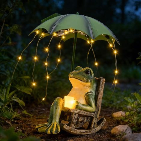 Estatua de jardín de rana solar, estatua de rana solar, estatuilla de rana de resina impermeable con luces, estatua de jardín al aire libre para decoraciones de césped de patio (1/5)