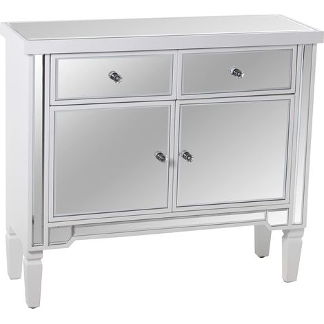 Table d'entrée avec 2 tiroirs et 2 Portes en Bois Blanc et Miroir 90 x 30 x 80 cm, 90x30x80cm (1/4)