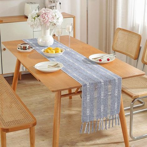 Runner da tavola, stile boho, crema, stile country, con nappe, lavabile, ideale per feste, compleanni, festival e matrimoni. Piccolo, doppio jacquard blu scuro, 33x305 cm. (1/5)