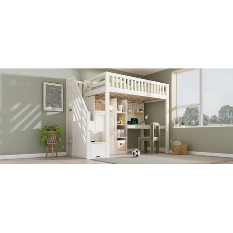 Lit mezzanine enfant blanc 90x200cm avec bureau, armoire-échelle et placard, étagères ouvertes, ports USB/USB-C, sommier à lattes, solution tout-en-un gain de place, sans matelas (1/5)
