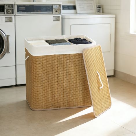meuble de rangement salle de bain, panier à linge bambou 144 L 3 compartiments, couvercle poignées corde sac amovible (1/5)