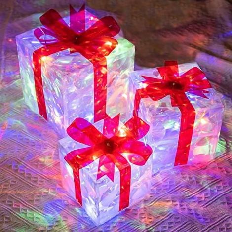 Boîte Cadeau Éclairée - 3 Pièces - 60 LED Multicolores - Pour Décoration Intérieure Extérieure Noël - Dimensions Variées (1/5)