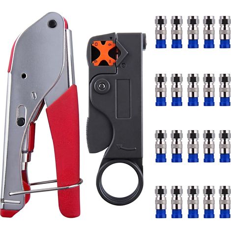 Coax Crimping Tool F Type Connector Compression Tool Set Coax Cable Crimper Tool Kit for RG6 RG-59 RG-58 with 20 RG6 coaxial cable connectors and an adjustable rotary coaxial cable cutter