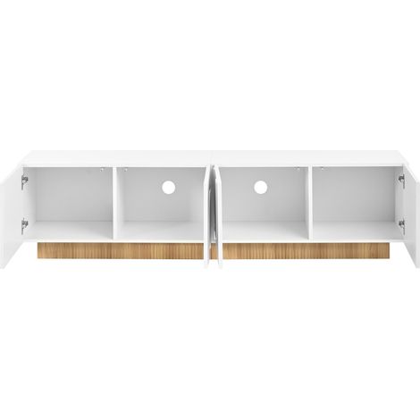 Meuble TV bas moderne blanc avec 4 portes courbées en MDF et PB, rangement organisé, 170x38x42 cm (1/5)