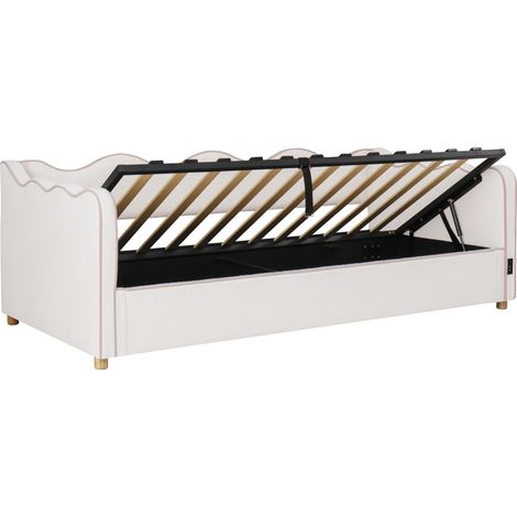 Polster-Tagesbett 90x200 cm mit Hydraulik-Container, USB und Bouclé-Rückenlehne beige (1/5)