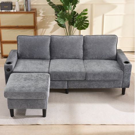 Sofá chaise longue con USB y portavasos lino gris OKMYHOME (1/5)