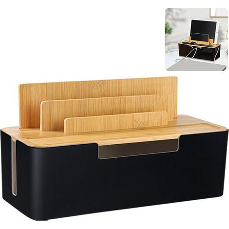 Caja para guardar cables con revestimiento de bambú，organizador de cables，adaptador de corriente de escritorio，color negro (1/3)