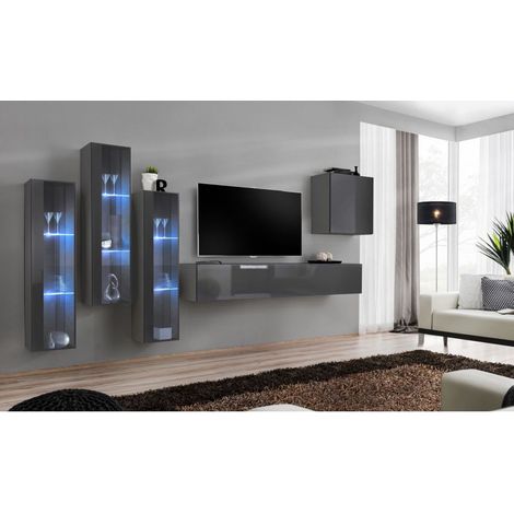 Ensemble mural - Switch XIII - 3 vitrines LED - 1 banc TV - 1 vitrine carrée - Graphite - Livraison gratuite