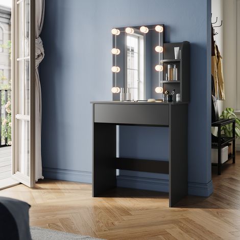 ELEGANT Dressing Table with LED Lights, Vanity Makeup Table Adjustable Brightness, 70x40x140cm Black