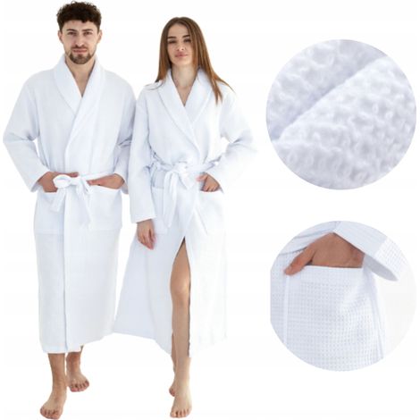 Weißer Unisex-Bademantel, lang, dünn, mit Taschen, 100 % Baumwolle, schnelltrocknend, Größe M (1/5)