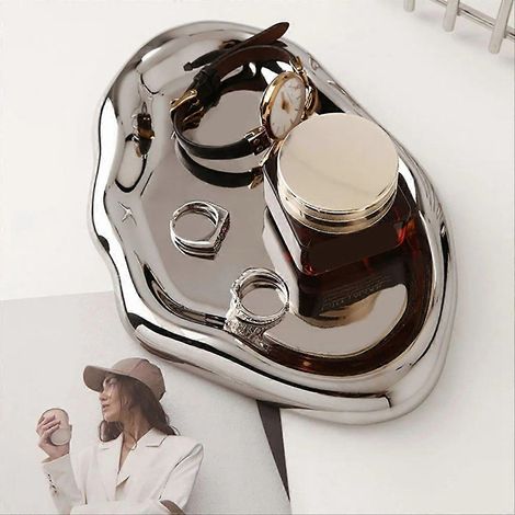 Schmuckablage aus silberfarbener Keramik, Badezimmer- und Schminktischaccessoire, 1er-Set, dekorativ und elegant (1/5)