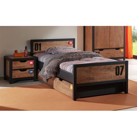 TCHAD - Chambre 90x200cm avec Tiroir et Chevet en Pin Massif (1/5)
