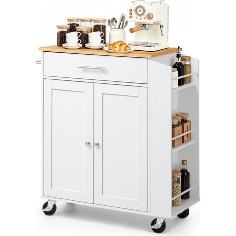 VEVOR Kücheninselwagen mit 1 Schublade und 2 Türen Weiß Mobile Kücheninsel, Küchenwagen mit Gewürzhalter, Handtuchhalter und Tischplatte (640 x 380 x 15 mm) fürs Esszimmer, Servierwagen (1/5)
