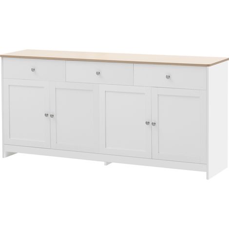 Buffet blanc et bois à 4 portes et 3 tiroirs en MDF, 160 cm (1/5)