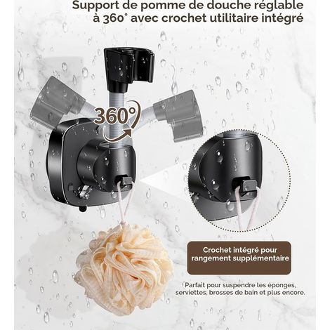 Support Pommeau de Douche Ventouse, Rotatif 360° Sans Percage Charge 10 kg Shower Holder Suction Cup, Shower Head Support avec Accroche, Fixation Attache Résistant à la Rouille pour Bathroom (1/5)