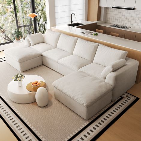 U-Sofa 6-Sitzer 310 x 155 x 83 cm aus Leinenstoff Beige-Weiß – MEUBLIV (1/5)