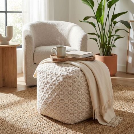 TRAVIS - pouf in lana avorio con decoro 40 x 40